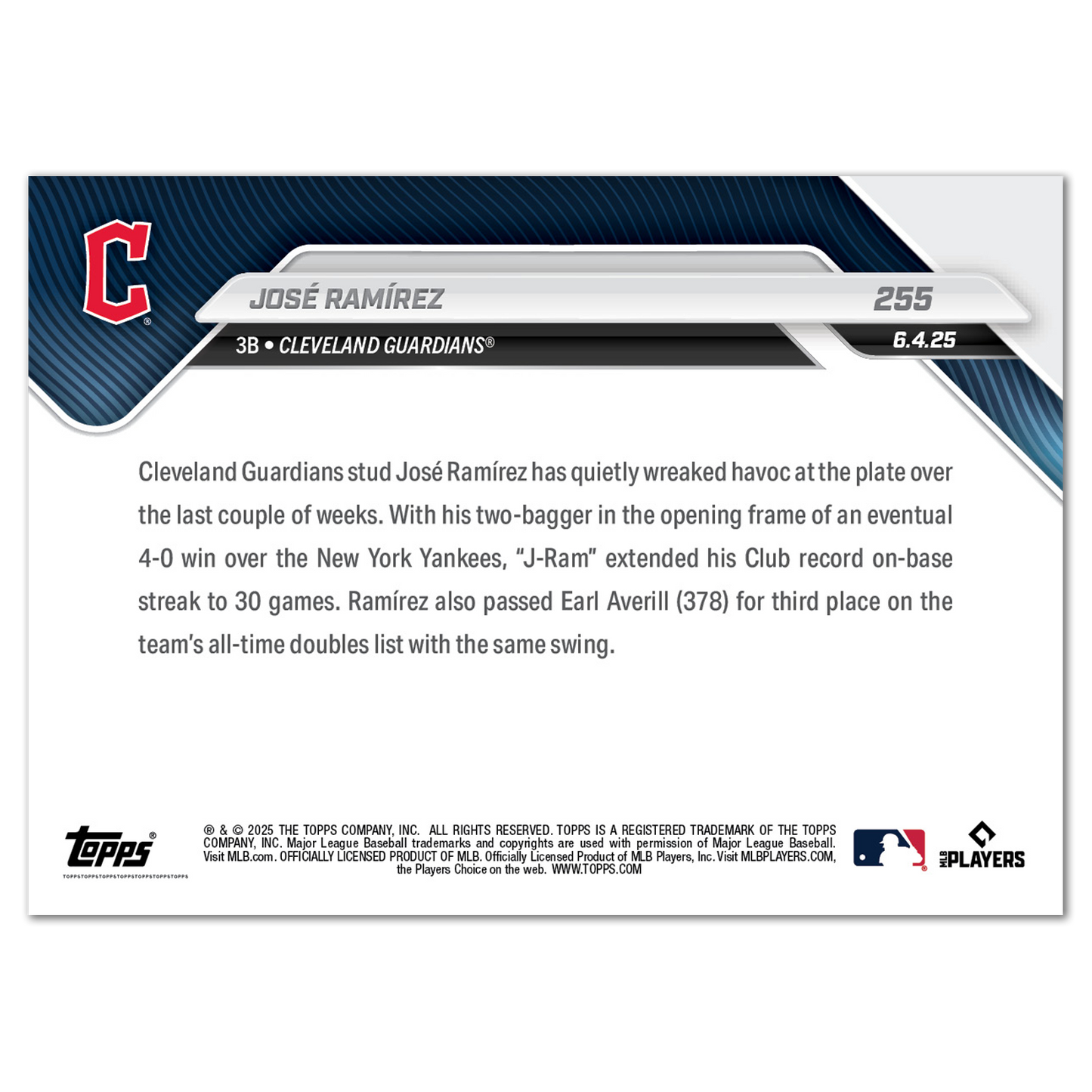 José Ramírez - 2025 MLB Topps NOW® - Card 255
