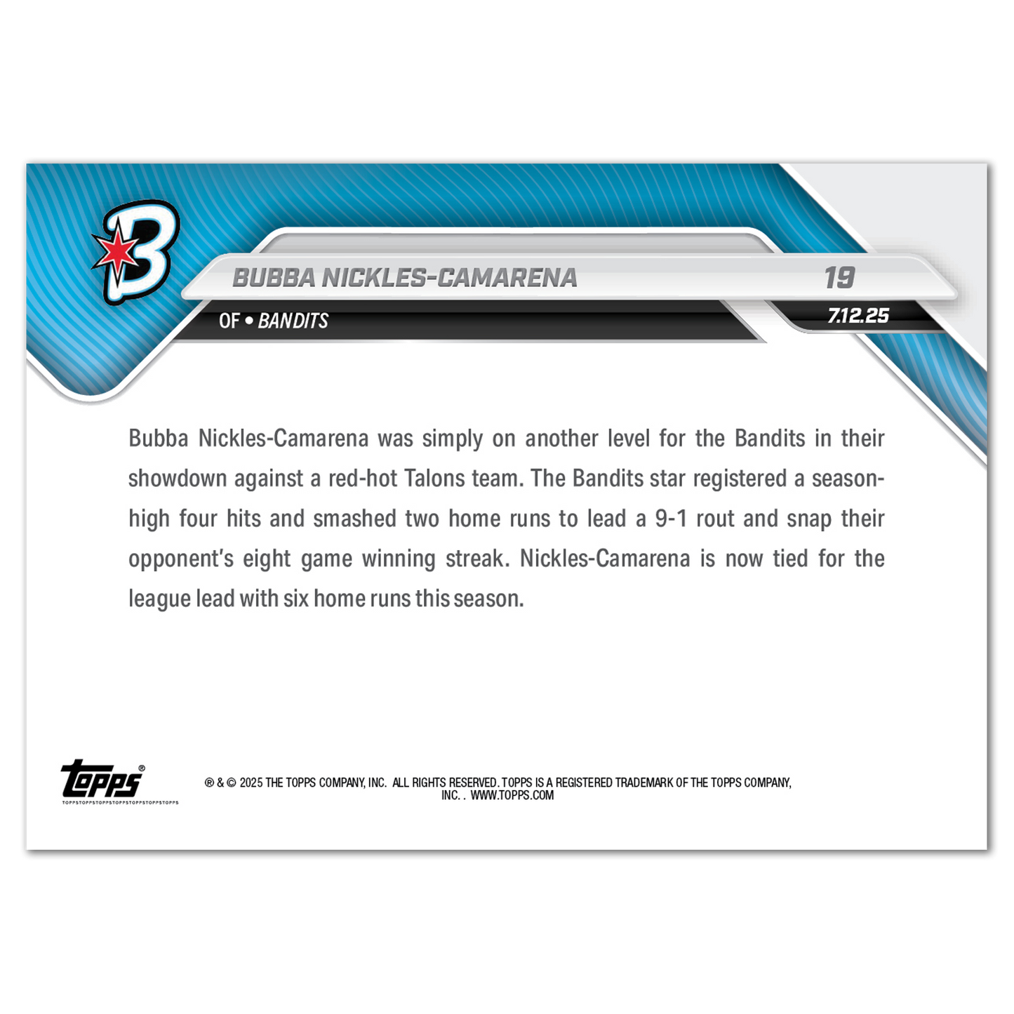 Bubba Nickles-Camarena - 2025 AUSL Topps NOW® - Card 19