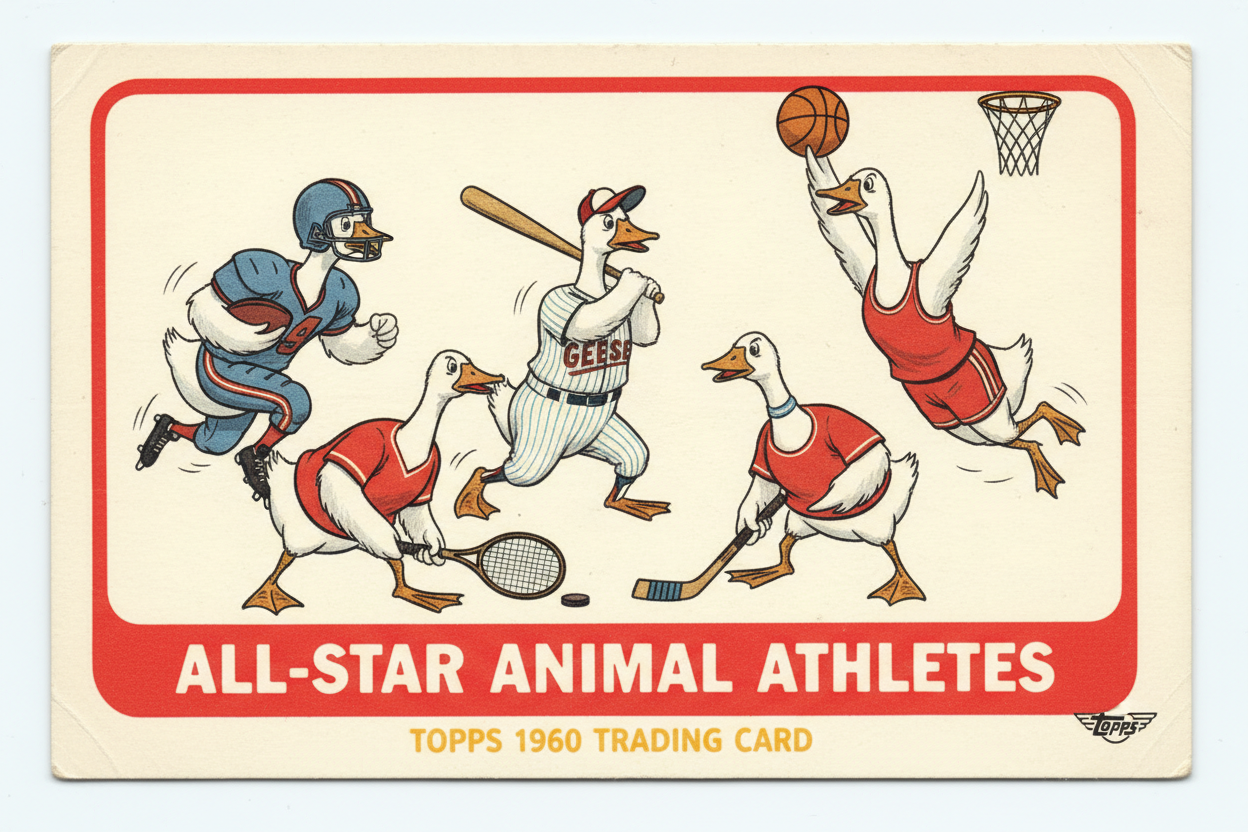 classic topps card with 5 players anthropomorphic geese white form red line on it