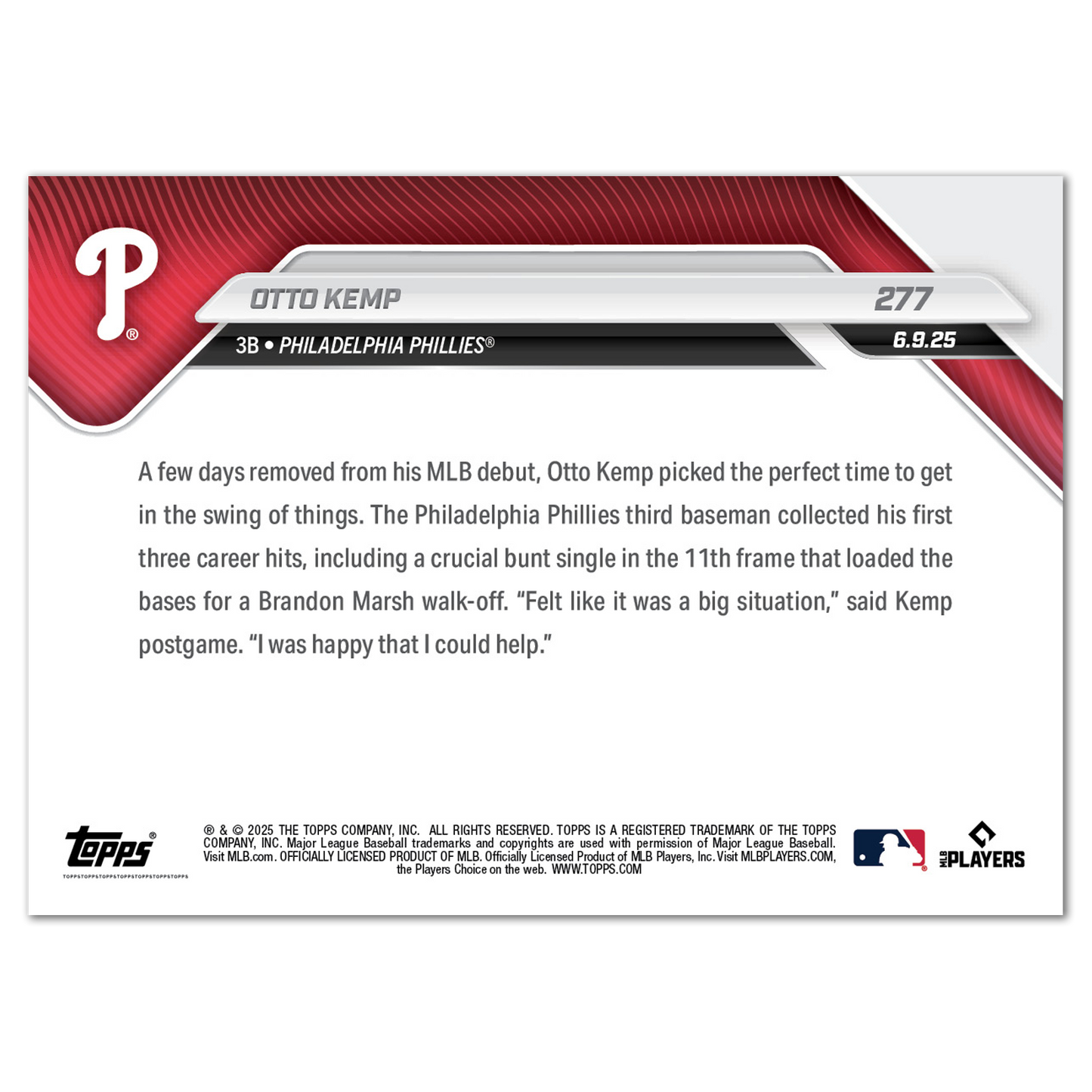 Otto Kemp - 2025 MLB Topps NOW® - Card 277