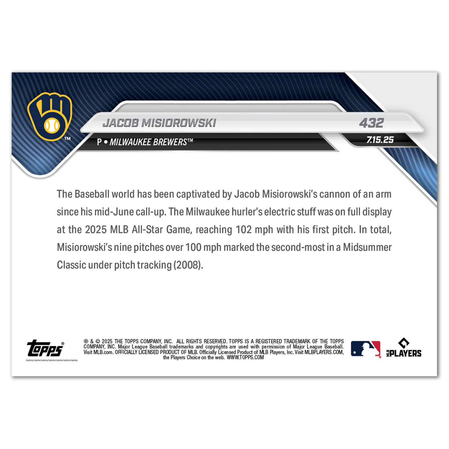 Jacob Misiorowski - 2025 MLB Topps NOW® - Card 432