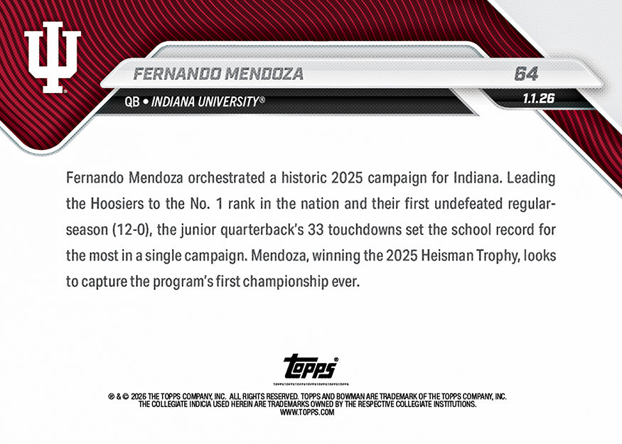 Fernando Mendoza - 2025-26 Bowman U NOW® Football - Card 64 - PR: 5619