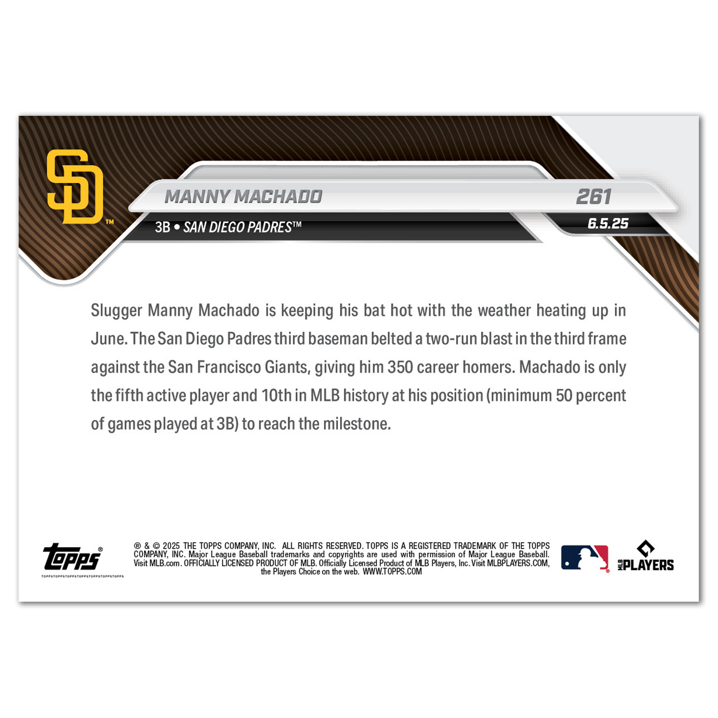 Manny Machado - 2025 MLB Topps NOW® - Card 261