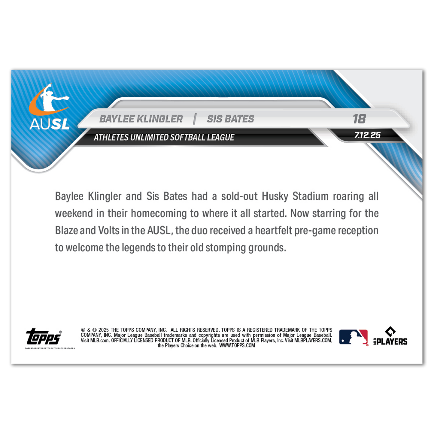 Baylee Klingler/Sis Bates - 2025 AUSL Topps NOW® - Card 18