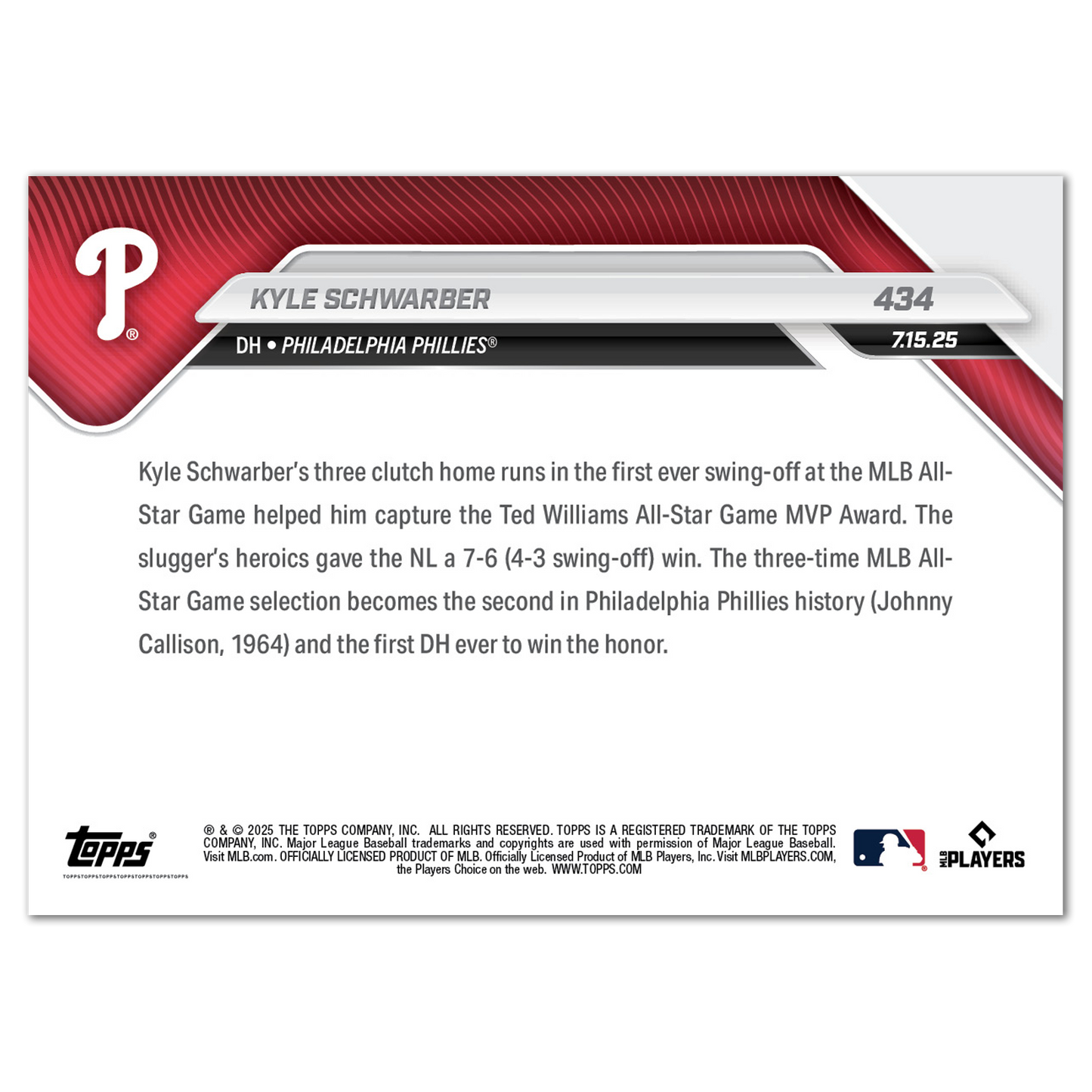 Kyle Schwarber - 2025 MLB Topps NOW® - Card 433 - LOOK FOR RELICS