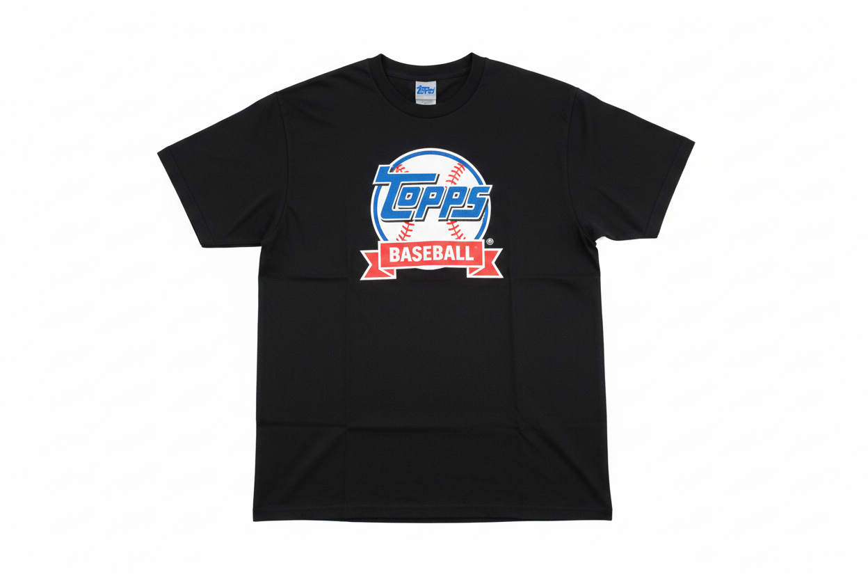 black t-shirt with topps baseball logo white background