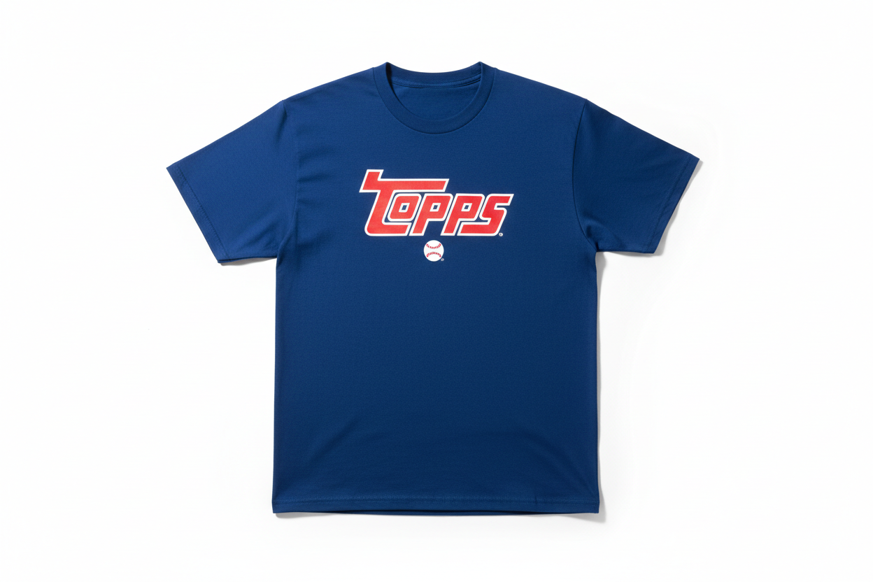 blue t-shirt with topps logo white background