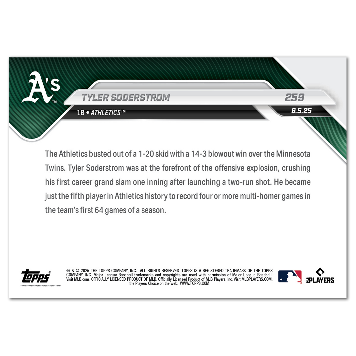 Tyler Soderstrom - 2025 MLB Topps NOW® - Card 259