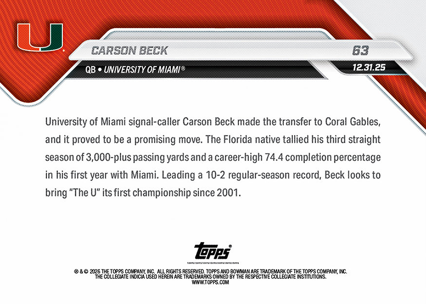 Carson Beck - 2025-26 Bowman U NOW® Football - Card 63 - PR: 1627