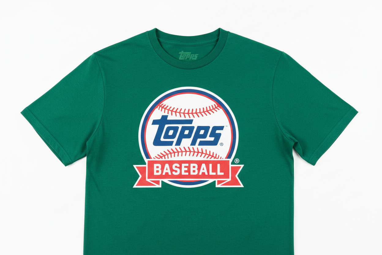 green t-shirt with topps baseball logo white background